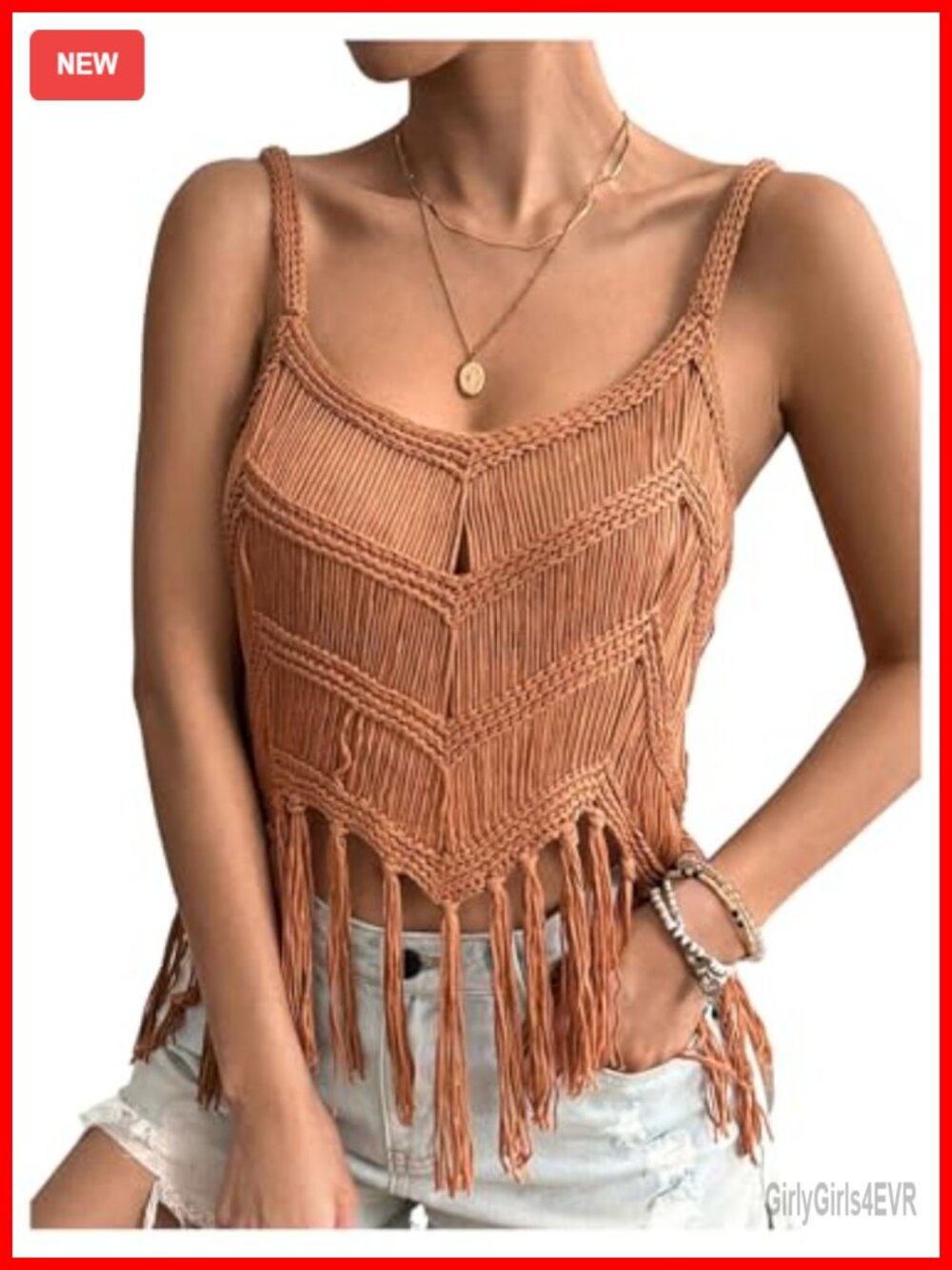 Tassel Trim Sleeveless Crochet Fringe V Neck Tank Top